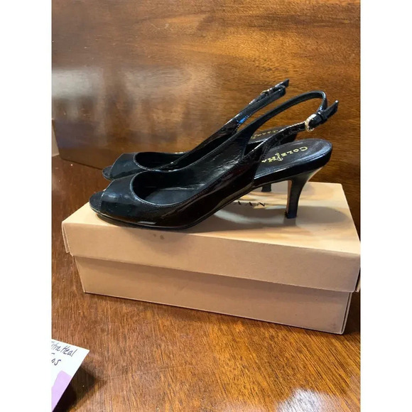Cole Haan Nike Air Talia Women 8.5 B Black Patent Leather SlingBack Toe Heel - Picture 5 of 9